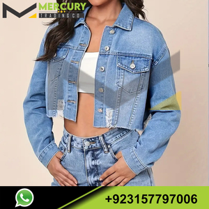 100% algodón dobladillo deshilachado chaqueta de mezclilla corta y pantalón bolsillos con solapa botón solapa chaqueta de mezclilla y pantalón ropa de mezclilla para mujer - Product Image 3