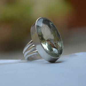 แหวนเงินสเตอร์ลิงขนาดใหญ่ตัดเป็นรูปไข่925อัญมณี Prasiolite ประดับอัญมณีสีเขียวธรรมชาติของขวัญ - Product Image 2