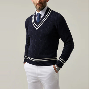 Vente en gros de pull à col en V avec logo personnalisé pour hommes pull de cricket en tricot torsadé vêtements d'hiver décontractés à manches longues imprimé/motif avec bas quantité minimale de commande - Product Image 2