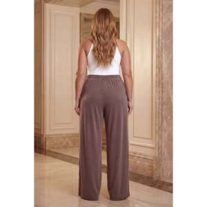 Pantalon grande taille pour femme avec taille élastique, cordon de serrage et plis sur le devant, marron - Product Image 4