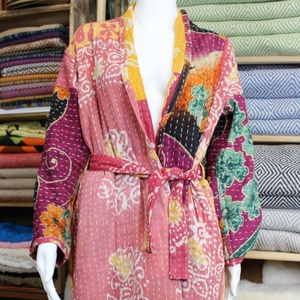 Floral Printed Vintage Kantha Kimono Jacket Free Size Kantha Robe Gifts <b>for</b> Her <b>Women</b> Wear Casual Robe Front Open Lace up Jacket - Product Image 3