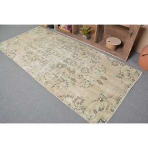Tapis de Laine Turque Vintage de 39X85 pieds, Design Patchwork Beige et Vert, Tapis de Salon à Tissage Plat avec Support en Latex - Product Image 4