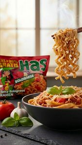 บะหมี่กึ่งสำเร็จรูปรสโบโลเนส HAS ทำจากแป้งสาลี 120 กรัม ปรุงสุกใน 5 นาที ได้รับการรับรองมาตรฐาน HACCP/HALAL/ISO ไขมัน 18% ไม่เติมสารกันบูด รักษาความสดได้นาน 12 เดือน - Product Image 2