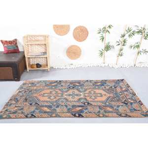 Classique bohème géométrique Vintage turc tapis à la main laine Orange bleu Patchwork Rectangle couloir Design 3.9X6.6 pieds Latex - Product Image 1