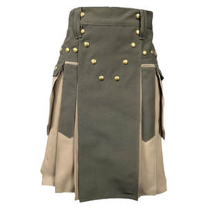 Kilt utilitaire en denim durable bicolore vert olive et kaki pour hommes, boucle tactique et fermeture à bouton - Product Image 1