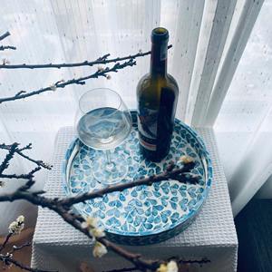 Stylish Blue and <b>White</b> Round <b>Wooden</b> Bone Inlay <b>Tray</b> Elegant Handcrafted Serving Display and Home Decor Accessory From India - Product Image 2