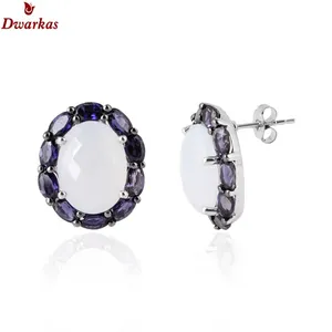 Tai Stud 925 Sterling bạc trang sức bông tai với iolite 925 bạc trang sức ban đầu Chalcedony đa đá dễ thương tai Stud