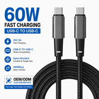 Cable de Carga Rápida con Diseño SR Hueco, 20V 3A 60W, USB-C a USB-C, 1m, Cable de Datos Trenzado de Nailon para Teléfonos Móviles con Logotipo Personalizado