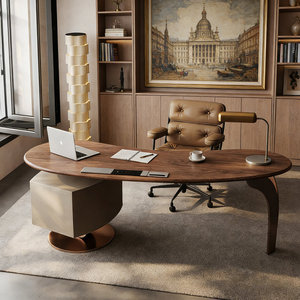 Walnut Engineered Wood Oval Executive Computer <b>Desk</b> for Office Home Study Spacious Work Surface - Product Image 1