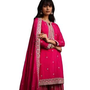 Ensemble de palazzo kurta à paillettes rose foncé à chinon vente en gros de vêtements ethniques pour femmes OEM fournisseur de vêtements tenue de fête - Product Image 4