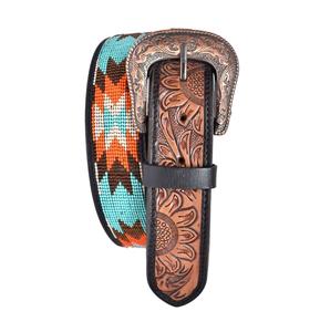 Best Selling Unisex Floral <b>Tooled</b> <b>Leather</b> <b>Belts</b> Geometrical Design Beaded <b>Belts</b> Fancy Buckles Customized by Top Manufacturers - Product Image 2