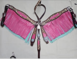 Ensemble de tête de cheval et de harnais western personnalisé, rose argenté métallisé, aspect cuir de vache avec strass - Product Image 5