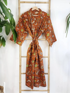 Bata Floral con estampado de algodón puro Kimono estampado a mano informal suave de verano y primavera para maternidad y encubrimiento para Otoño e Invierno - Product Image 3
