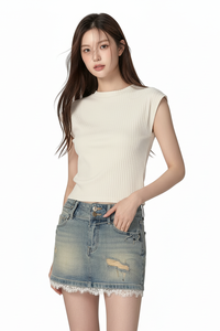 Summer Women Sleeveless <b>Ribbed</b> Cotton Shirt Above Knee 2 Piece Shorts Set Breathable Eco-Friendly Washable Durable OEM ODM - Product Image 5