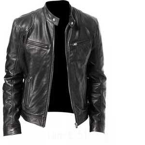 แจ็กเก็ตนักขี่จักรยานแท้สำหรับผู้ชายแนวสตรีทหนังแท้ทรงสลิมฟิตผ้าแคนวาสสีน้ำตาลดำ - Product Image 2