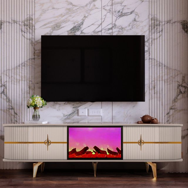 Wooden Electronic Fireplace TV Stand Bluetooth-Modern Luxury Farmhouse Living Room Storage Furniture for 65" TVs (Eco-Friendly)