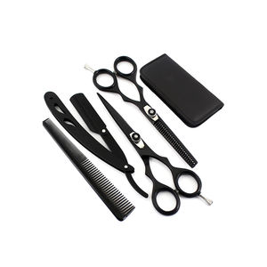 Kit de cisailles amincissantes de barbier ensemble de coiffure en acier allemand enduit de couleur noire avec peigne de rasoir et étui en cuir - Product Image 1