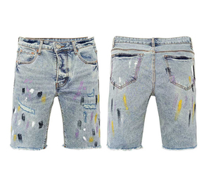 กางเกงยีนส์ขาสั้นสำหรับผู้ชาย, กางเกงยีนส์ซักสีฟ้าแบบไม่สม่ำเสมอ - Product Image 6