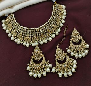 Ensemble collier boucles d'oreilles Kundan en alliage métallique ethnique en alliage de cuivre laiton perle mariages vêtements de mariée fiançailles - Product Image 2