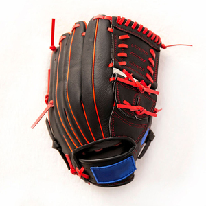 Gant de baseball en cuir noir avec surpiqûres rouges et accents bleus, fermeture auto-agrippante, respirant, léger, unisexe, pour sports de plein air - Product Image 1