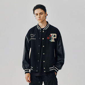 Veste d'hiver en laine pour homme, style varsity, col montant, broderies en chenille, manches en cuir, streetwear, lettres brodées - Product Image 1