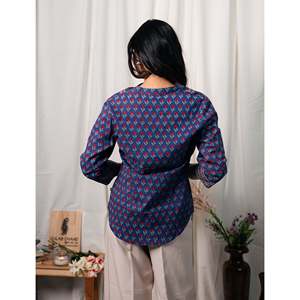 Blusa de Algodón Azul para Mujer, Estampada a Mano, con Cuello Asimétrico y Bordado Floral, Tallas XS a XL, para Oficina - Product Image 5