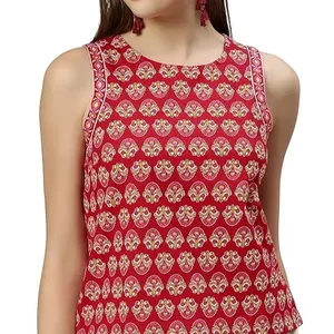 Wholesale High Quality Cotton Red Block printed cut Sleeve Causal Women and Ladies Blouse Top