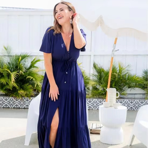 Atractivo 2025 verano rayón largo liso azul señoras vestido para mujeres Boho cómodo de talla grande suelto Casual suelto Maxi vestido - Product Image 1