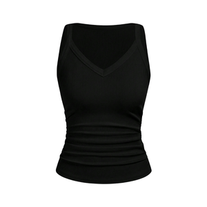 Débardeur côtelé pour femme, col en V, coupe ajustée, extensible, sans manches, décontracté, uni, été, tricot doux, séchage rapide, respirant, noir - Product Image 3