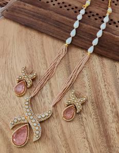 Premium Double Stone American Diamond Polki Premium Pendentif Mala Set Orné de Perles Hydro et de Perles Lustriques Bijoux de Mariée - Product Image 6