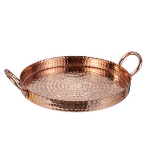 Plateau de service rond en cuivre martelé artisanal avec design Art Déco, poignées coulissantes pour mariage, maison/hôtel - Product Image 1