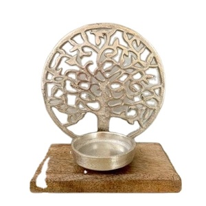 Aluminium Casting Shunny Silver Decorative Christmas Decoration Use <b>Tealight</b> Candle Holder with Wooden Base - Product Image 1