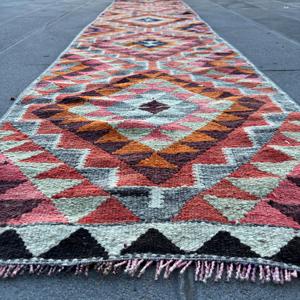 Turkish Vintage <b>Rug</b>, 2.2x10.4 ft <b>Runner</b> <b>Rug</b>, Orange Pink Ikat <b>Rug</b> - Product Image 5