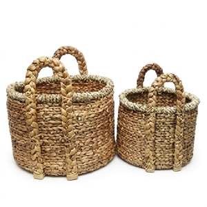 Juego de Cestas de Almacenamiento de Jacinto de Agua Tejidas a Mano Naturales con Asa de Correa Trenzada, Organizador para Macetas y Decoración, Diseño de Arte Puro - Product Image 1