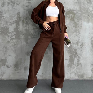 Ensemble 2 pièces oversize décontracté de qualité supérieure pour femme, sweat-shirt court à fermeture éclair complète, jogging évasé personnalisé, survêtement pour femme - Product Image 6