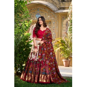 Tissu de soie Tussar de qualité supérieure Navratri Choli avec feuille imprimée Lehenga avec impression Kalamkari pour le prochain festival de Navratri - Product Image 1