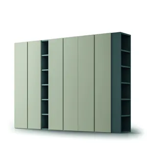 Modular hinged wardrobe with recessed handle in lacquered metal and with central bookcase and end bookcase Made in Italy