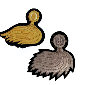 Handmade Badges Customized Handmade Crest Embroidered Bullion Wire Pocket Badge Irregular Shape Gold and <b>Silver</b> Wings Design - Product Image 1