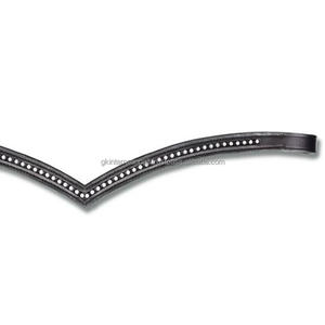 Bande de front de cheval en cuir anglais noir en forme de V profond avec coutures de rembourrage doux et strass à une rangée de cristaux bande de front bling - Product Image 6