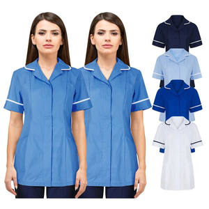 Venta al por mayor personalizado mujeres Hospital uniforme enfermería Scrubs Tops cuello vuelto con tubería blanca cuidado de la salud enfermera túnica superior - Product Image 1