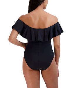 Maillot de bain une pièce noir à épaules dénudées avec superposition à volants et bretelles réglables Maillots de course à séchage rapide du Pakistan - Product Image 3