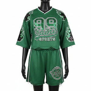 ชุดเซ็ตเสื้อเจอร์ซีย์ผ้าโพลีเอสเตอร์พรีเมียมสำหรับผู้หญิง ระบายอากาศได้ดี ดีไซน์แผงข้างสีเขียว รับสกรีนโลโก้ตามแบบ ชุดเซ็ตสำหรับผู้หญิง - Product Image 1