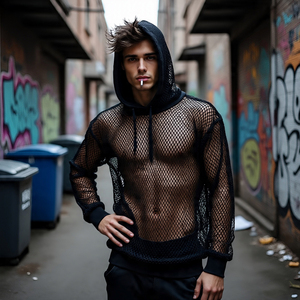 Résille fermeture éclair Crop Hoodie hauts hommes Transparent maille à capuche hommes musculation entraînement voir à travers résille à capuche hommes - Product Image 2