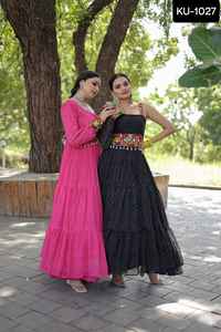 La plus belle impression numérique Leheriya fonctionne avec kutchi Patchwork en fausse Georgette Long Anarkali Readymade Fancy Gowns Design - Product Image 6