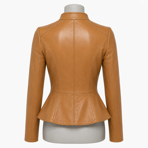 Luxury <b>Women</b> Tan Genuine Leather Peplum Jacket Slim Fit Stand Collar Front <b>zip</b> Elegant Fashion <b>Top</b> OEM Private Label Outerwear - Product Image 2