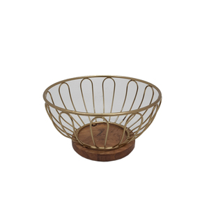 Panier en fil de fer en métal de conception fantaisie dans la base en bois finie noire de forme ronde pour le panier de stockage de fruits de cuisine de table - Product Image 3