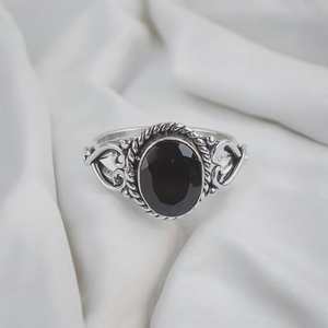 Handmade Rhodium Plated Black Onyx Sterling Silver Gemstone Ring Luxury Elegant Gift for Women <b>Boho</b> Design - Product Image 2