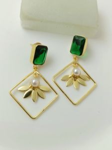 Drop <b>Earrings</b> with 18kGold Gold Plated Floral Design and Pearl Center Statement Dangle <b>Earrings</b> for Women Perfect for Her - Product Image 3