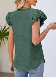 Blusas de punto casuales elegantes para mujer-blusas de camisetas acanaladas de color sólido con manga con volantes - Product Image 5