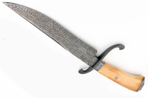 Cuchillo Bowie de hoja de Damasco San Mai hecho a mano con mango de hueso cubierta de cuero marrón personalizable OEM DIY cuchillos de supervivencia al aire libre - Product Image 5